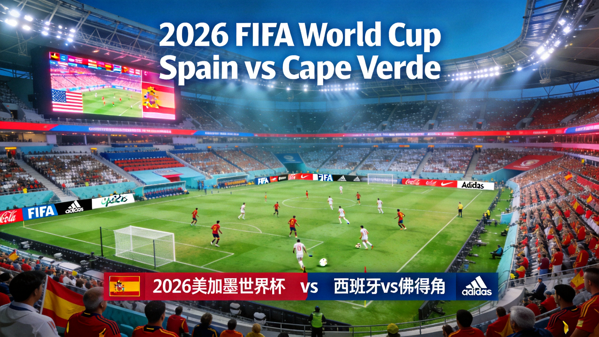 2026美加墨世界杯足球赛场全景，西班牙对阵佛得角比赛官方视觉背景图